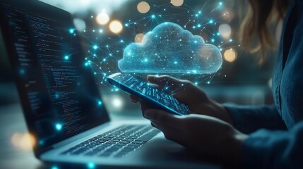 Aufkleber - Digital technology cloud computing concept Software engineer using mobile smart phone and laptop computer with global network connection Technology innovative and communication concept : Generative AI