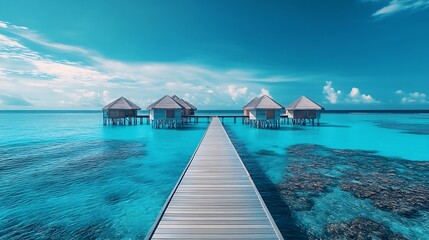 Wall Mural - Amazing panorama landscape of Maldives beach Tropical beach landscape seascape luxury water villa resort wooden jetty Luxurious travel destination background for summer holiday and vac : Generative AI