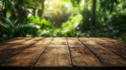 Leinwandbilder - The empty rustic wooden plank table top with blur background of jungle Exuberant image : Generative AI