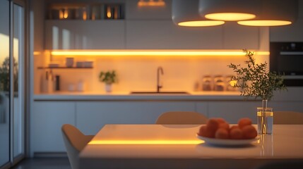 Poster - Interior of modern kitchen with glowing lamps white counters chairs and dining table at evening : Generative AI