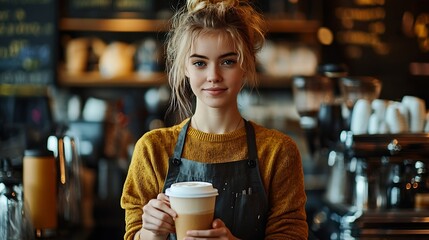 Poster - Portrait of a cute female barista standing behind a bar holding hot takeaway drinks Modern cafe Business concept : Generative AI
