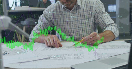 Poster - Image of graph and processing data over caucasian male architect working on blueprints