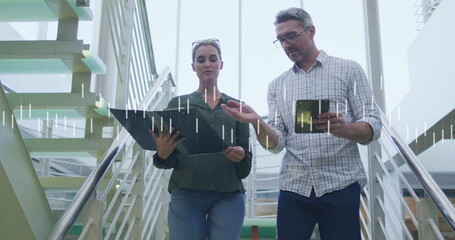 Poster - Image of processing data over caucasian male and female colleague talking on stairs at office