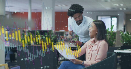 Poster - Image of graphs processing data over diverse male and female colleague talking at casual office