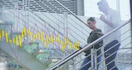 Poster - Image of data processing over caucasian male and female colleague talking on stairs at office