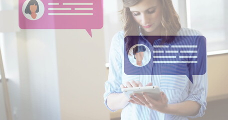 Poster - Chat bubbles image over woman using tablet in bright room