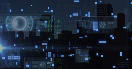 Poster - Image of digital data processing and circuit board over computer servers