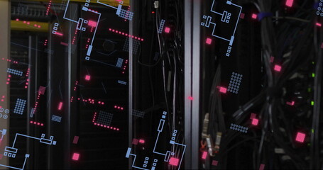 Poster - Image of digital data processing and circuit board over computer servers