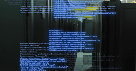 Poster - Image of digital data processing and circuit board over computer servers