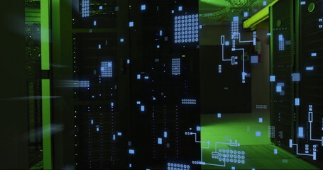 Poster - Image of digital data processing and circuit board over computer servers