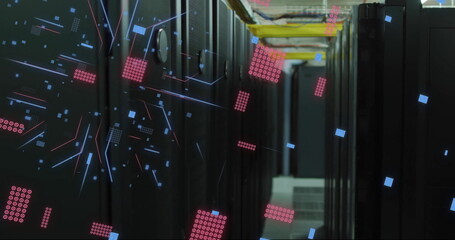 Poster - Image of digital data processing and circuit board over computer servers