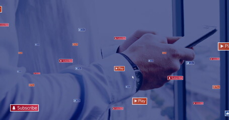 Poster - Image of icons and data processing over caucasian businessman using tablet