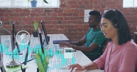 Poster - Image of financial data processing over diverse business people in office