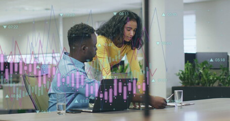 Sticker - Image of financial data processing over diverse business people in office