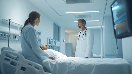 Poster - A hospital room with a patient on a bed and a doctor looking at him The room is brightly lit and has a sterile feel to it : Generative AI