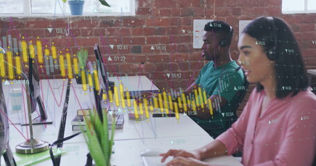Poster - Image of financial data processing over diverse business people in office