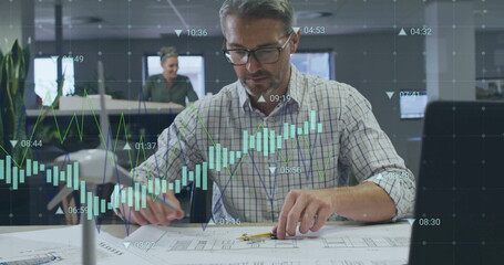 Poster - Image of financial data processing over caucasian businessman in office