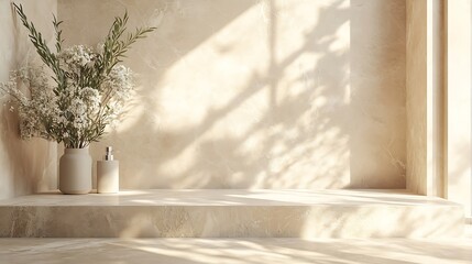 Aufkleber - Empty bathroom counter top with beige granite walls and sunlight Home interior background for product placement mockup Neutral aesthetic podium stage showroom : Generative AI