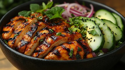 Grilled chicken, avocado, cucumber and red onion with rice in a black bowl.