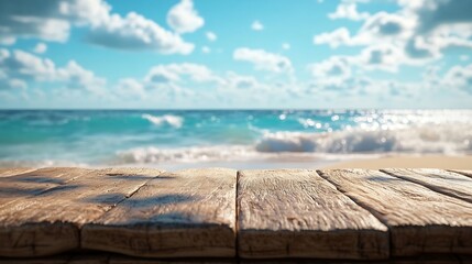 Aufkleber - Blurred summer beach scene behind a wooden table ideal for placing summer advertising products and conducting presentations on the table : Generative AI