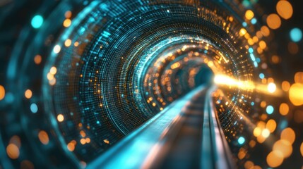Poster - The vibrant digital tunnel is illuminated with glowing lights, creating a sense of adventure and mystery in a futuristic setting