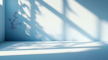 Poster - Light soft minimal background mockup for product presentation Corner of room with shadows from different angles delicate light blue color : Generative AI
