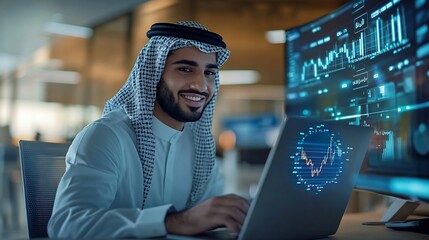 Poster - Smiling young professional arab manager working on a laptop in a modern office environment with futuristic holographic financial analysis graphics superimposed on the scene : Generative AI