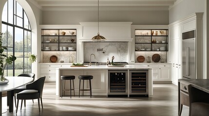 Poster - Warm white kitchen with expansive countertops island high end appliances spice kitchen black leather chair dining table wine fridge and office work station : Generative AI