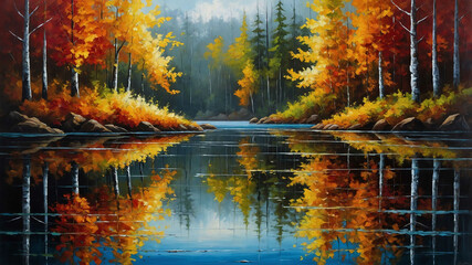 Wall Mural - Autumn forest reflecting in still lake in oil painting with rich textures