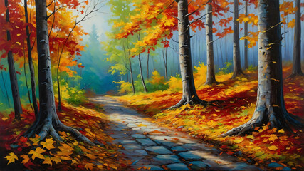 Wall Mural - Autumn leaves falling in forest path in oil painting with vibrant colors