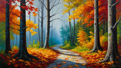 Wall Mural - Autumn leaves falling in forest path in oil painting with vibrant colors