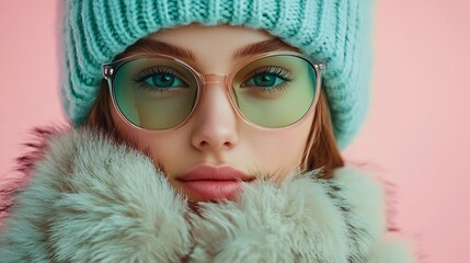 Portrait of stylish young girl in sunglasses blue hat green scarf and fur coat posing over pink background Concept of youth beauty winter fashion lifestyle emotions facial expression A : Generative AI