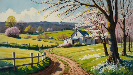 Wall Mural - Early spring blossoms in countryside in gouache painting with delicate hues