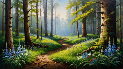 Wall Mural - Forest clearing with wildflowers in full bloom in oil painting with rich details