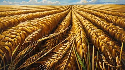 Wall Mural - Golden wheat fields under bright sky in gouache painting with smooth strokes