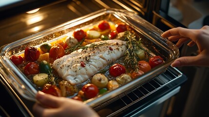 Poster - Woman putting baking dish with raw fish and vegetables into oven top view : Generative AI