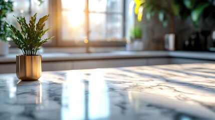 Fototapete - Marble table top with kitchen blurry loose focal background  Close up photo of contemporary kitchen island : Generative AI