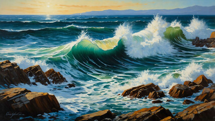 Wall Mural - Ocean waves crashing on rocky shore in oil painting with thick brushstrokes