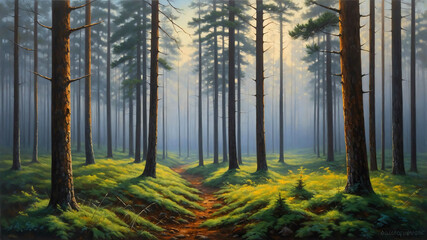 Wall Mural - Pine forest in foggy morning light in oil painting with smooth transitions