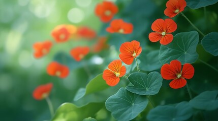 Poster - Nasturtium growing in rustic garden Leaf and flowers in Cottage garden : Generative AI