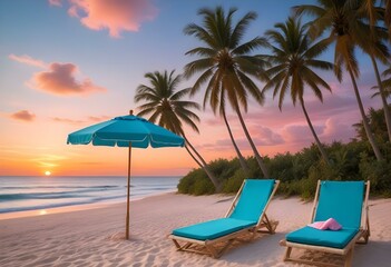 A tropical beach at sunset with palm trees