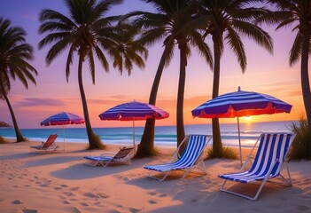 A tropical beach at sunset with palm trees