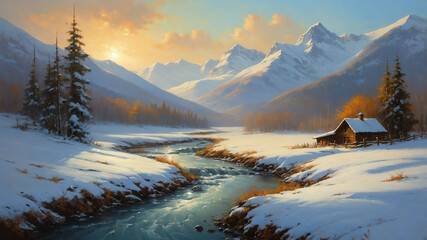 Wall Mural - Serene mountain valley covered in snow in soft oil painting with light highlights