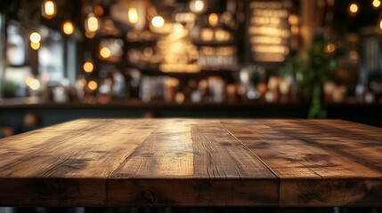 Leinwandbilder - Wood table top on blur bokeh coffee shop or cafe restaurant background Can be used for display or montage your products : Generative AI