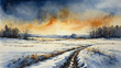 © SevenThreeSky - Snowstorm sweeping over open field in watercolor painting with light shading