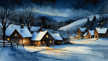 Wall Mural - Snow covered village at nightfall in watercolor painting with cool dark tones