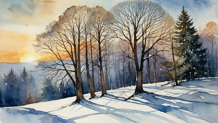 Wall Mural - Snow covered trees under soft winter sun in watercolor painting with muted tones