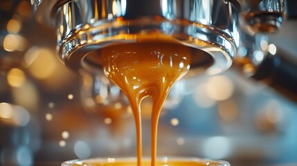 Poster - Closeup of espresso pouring from the coffee machine into a coffee cup Professional coffee brewing : Generative AI