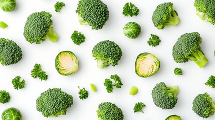 Broccoli brussel sprouts parsley pattern isolated on white background Immunity booster Healing food collection Creative layout Flat lay top view Design element Vitamin C : Generative AI