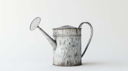 Detailed metal watering can, isolated on a simple white background.